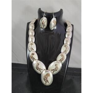 Vintage Native American Pillow Bead Sterling Necklace & Earrings With Kokopelli